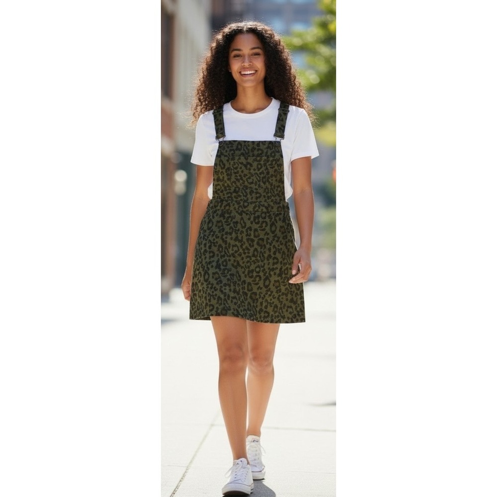 Umgee Olive Green Leopard‎ Print Coverall Denim Dress juniors knee/mini M